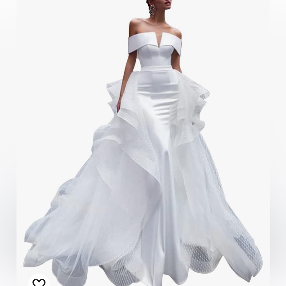 Off-Shoulder White Bridal Gown with Layered Organza Train